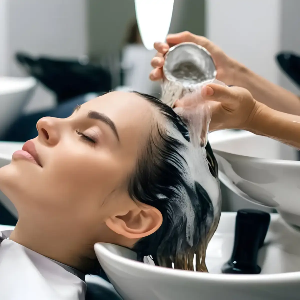 woman-washing-her-hair-sink-with-bottle-water